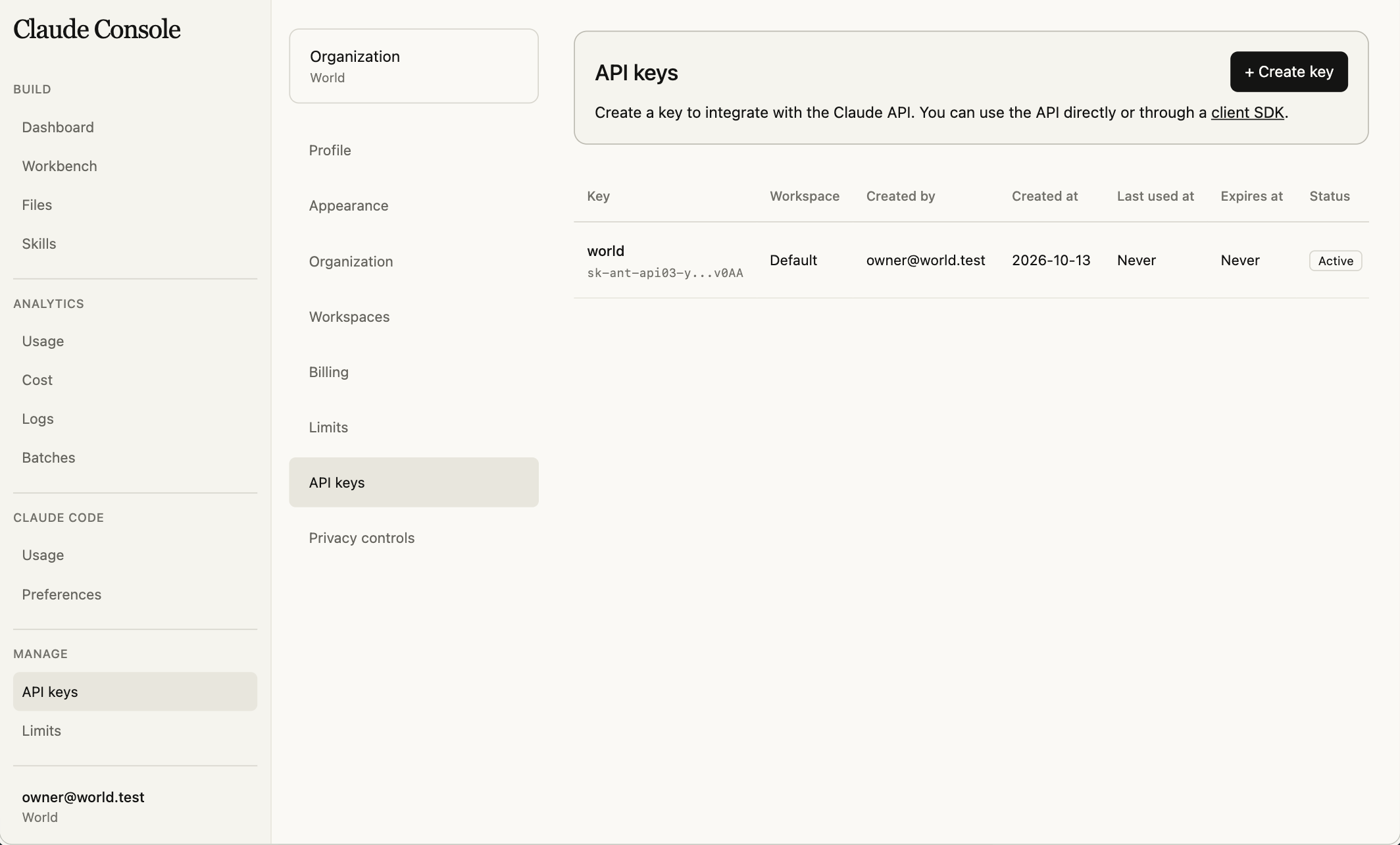 Anthropic twin API keys screen showing a masked active key in the World organization.
