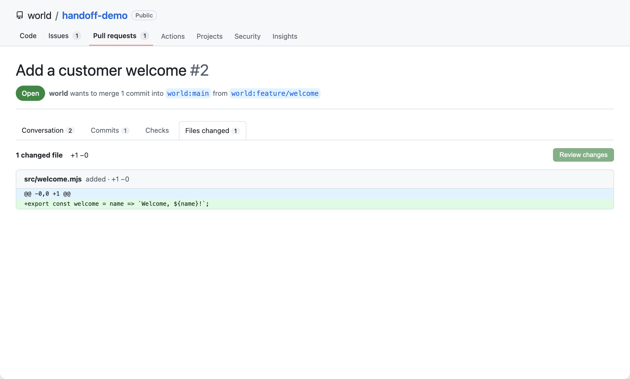 GitHub twin pull request 2 showing the src/welcome.mjs patch.