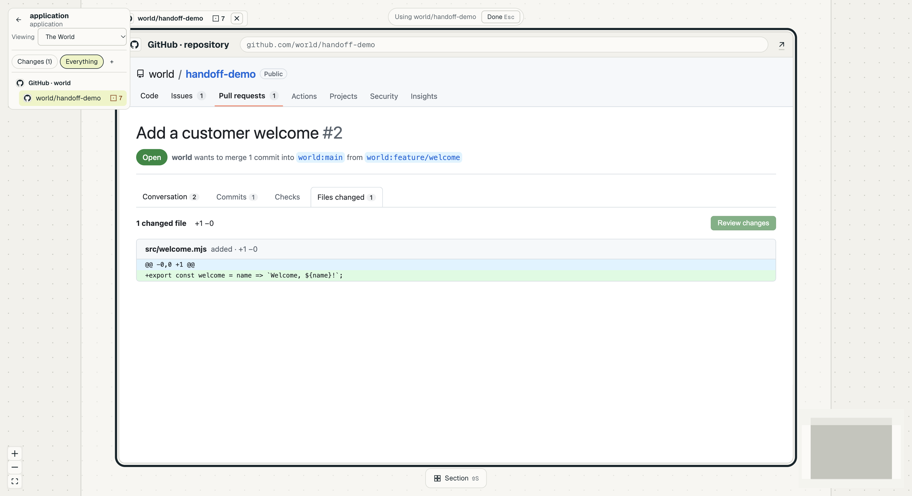 GitHub twin pull request 2 showing the src/welcome.mjs patch within the World Board.