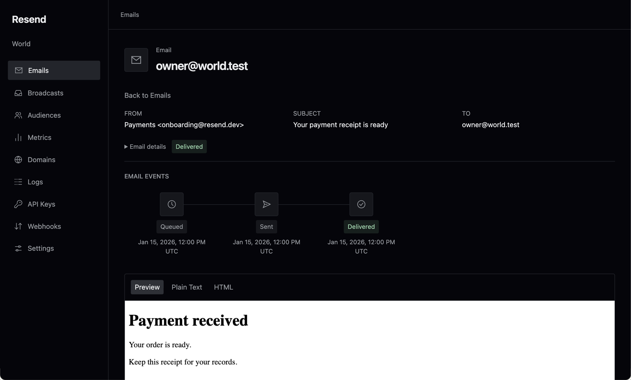Resend twin email details showing the receipt message and delivery events.