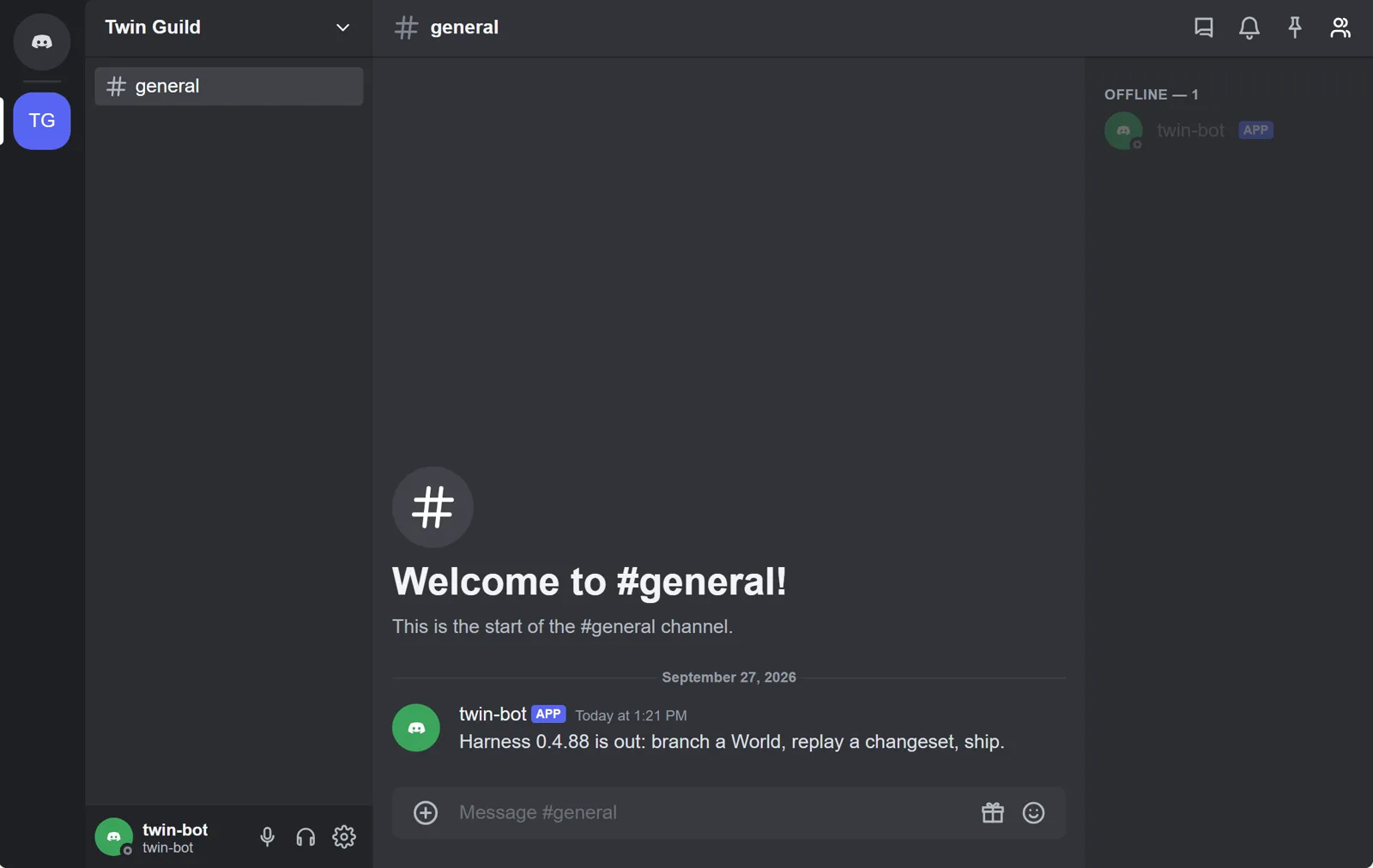 Discord's screen in a World: the #general channel, with the message an app posted through Discord's API